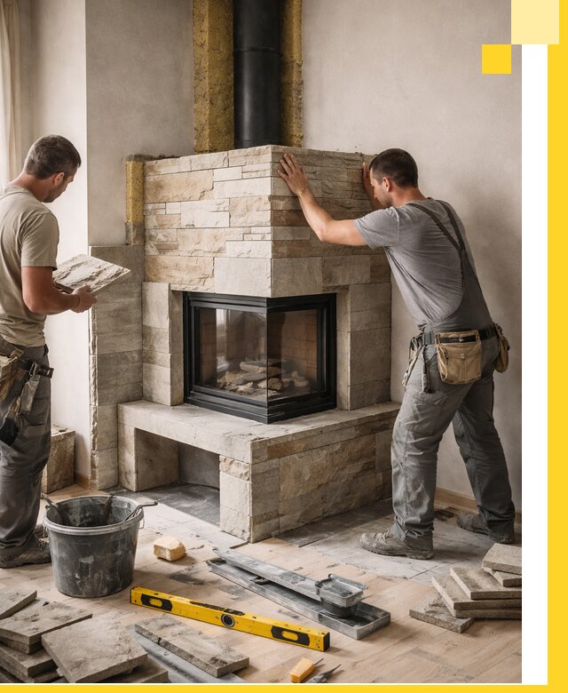 Угловые камины под ключ проект, монтаж и отделка в Арсеньеве