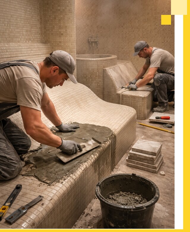 Лежаки для хамама под ключ в Арсеньеве, проект и монтаж